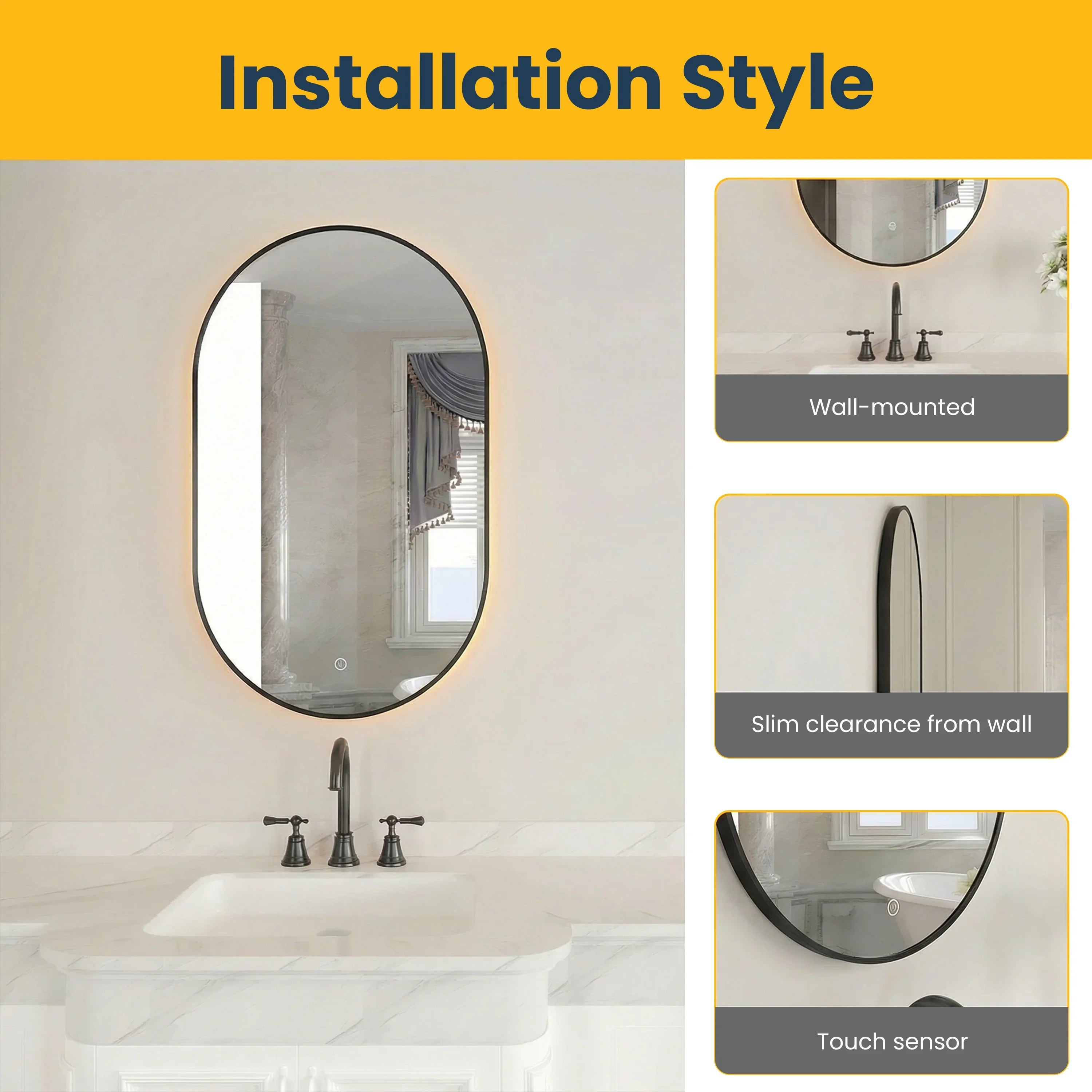 24" x 40" LED Oval Bathroom Mirror with Black Frame and Defogger