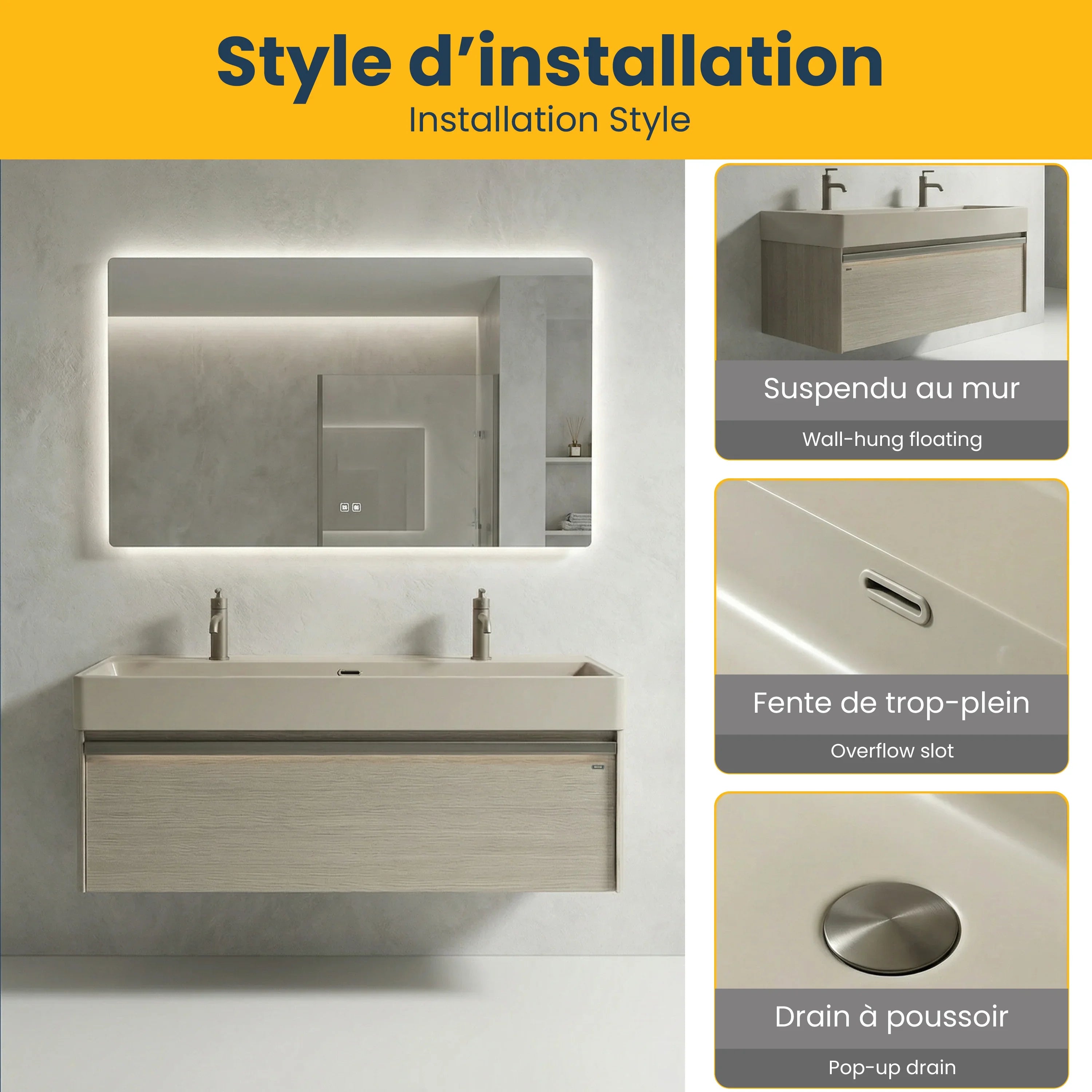 48" Taupe Wall Mount Vanity with Light Taupe Nano Solid Surface Integrated Countertop with Pop-up