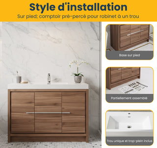 48" Walnut Freestanding Bathroom Vanity with White Polymarble Countertop