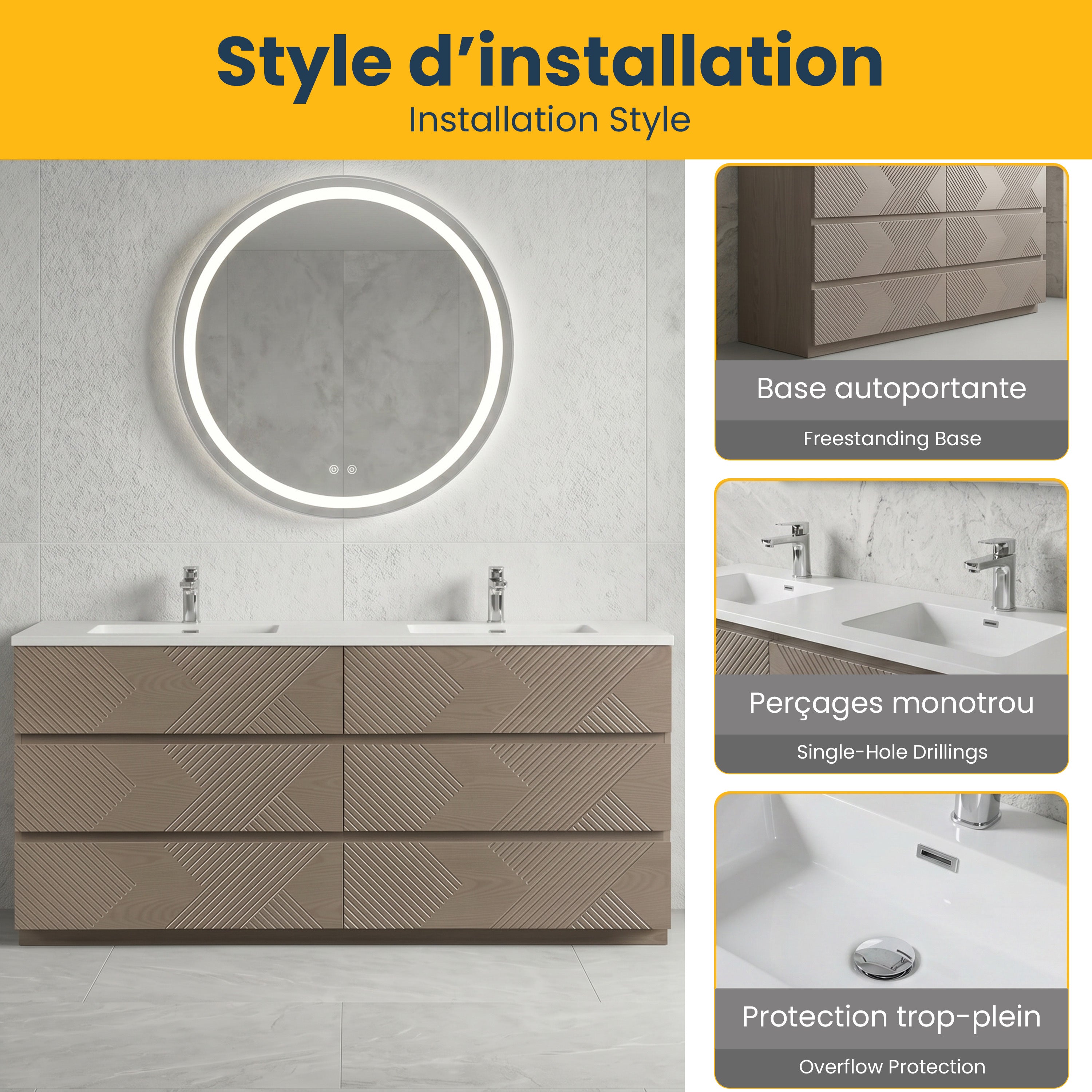 Meuble-Lavabo Autoportant 72po Chêne Taupe avec Comptoir de Polymarbre Blanc