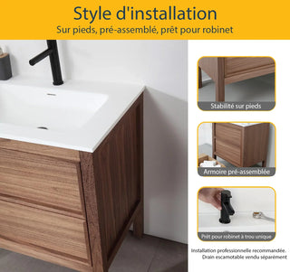 30" Natural Walnut Freestanding Bathroom Vanity with White Solid surface Countertop