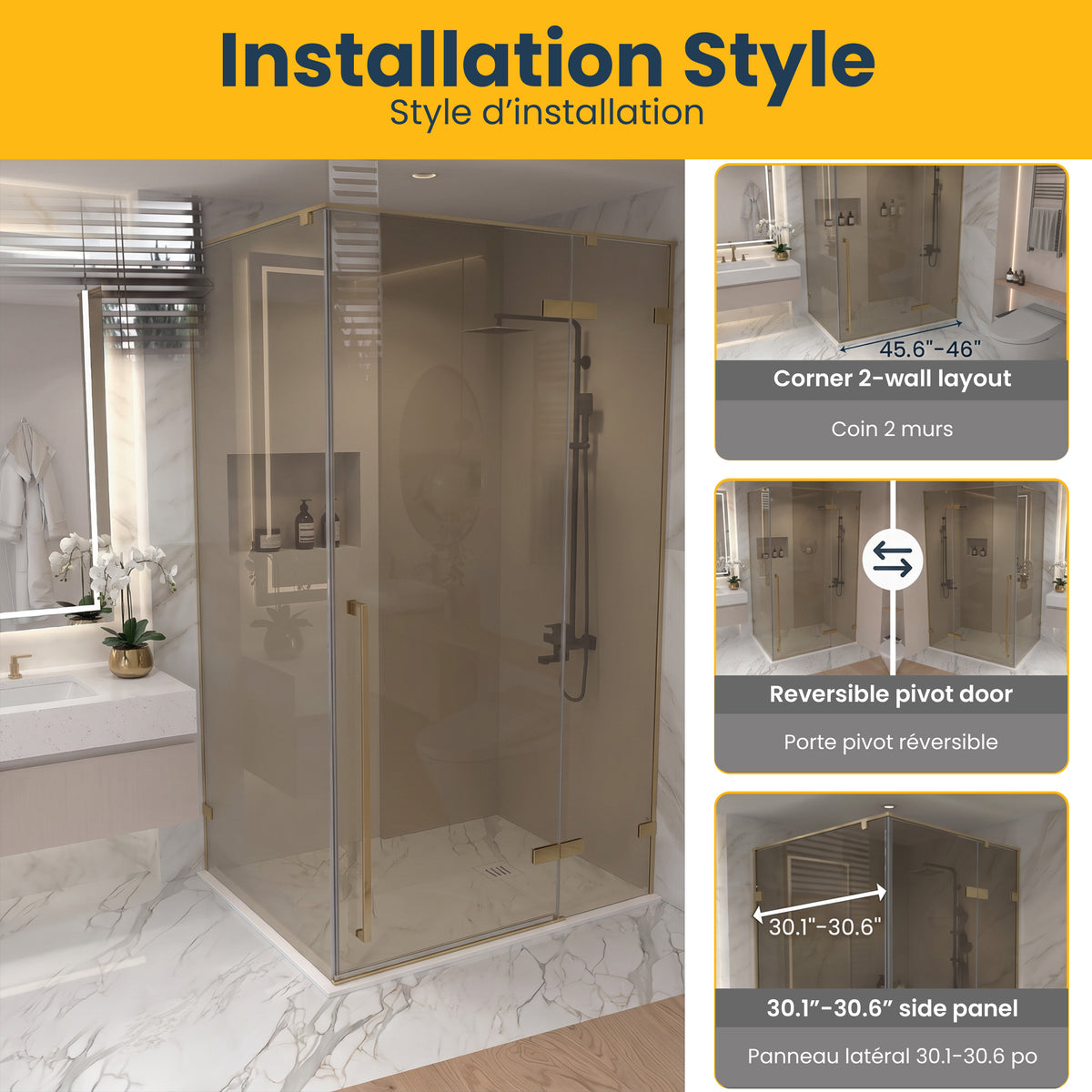 45.6"–46" W (Adjustable Width) x 79" H Frameless Reversible Pivot Shower Door in Brushed Gold with Brown Tinted Glass & 30.2"–30.5" Side Panel
