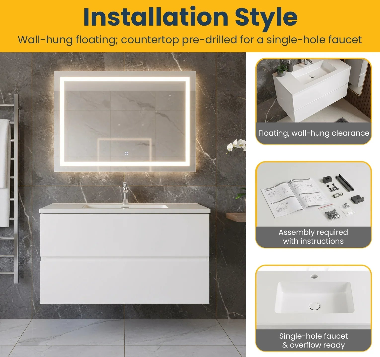 36" White Wall Mount Single Sink Bathroom Vanity with White Polymarble Countertop