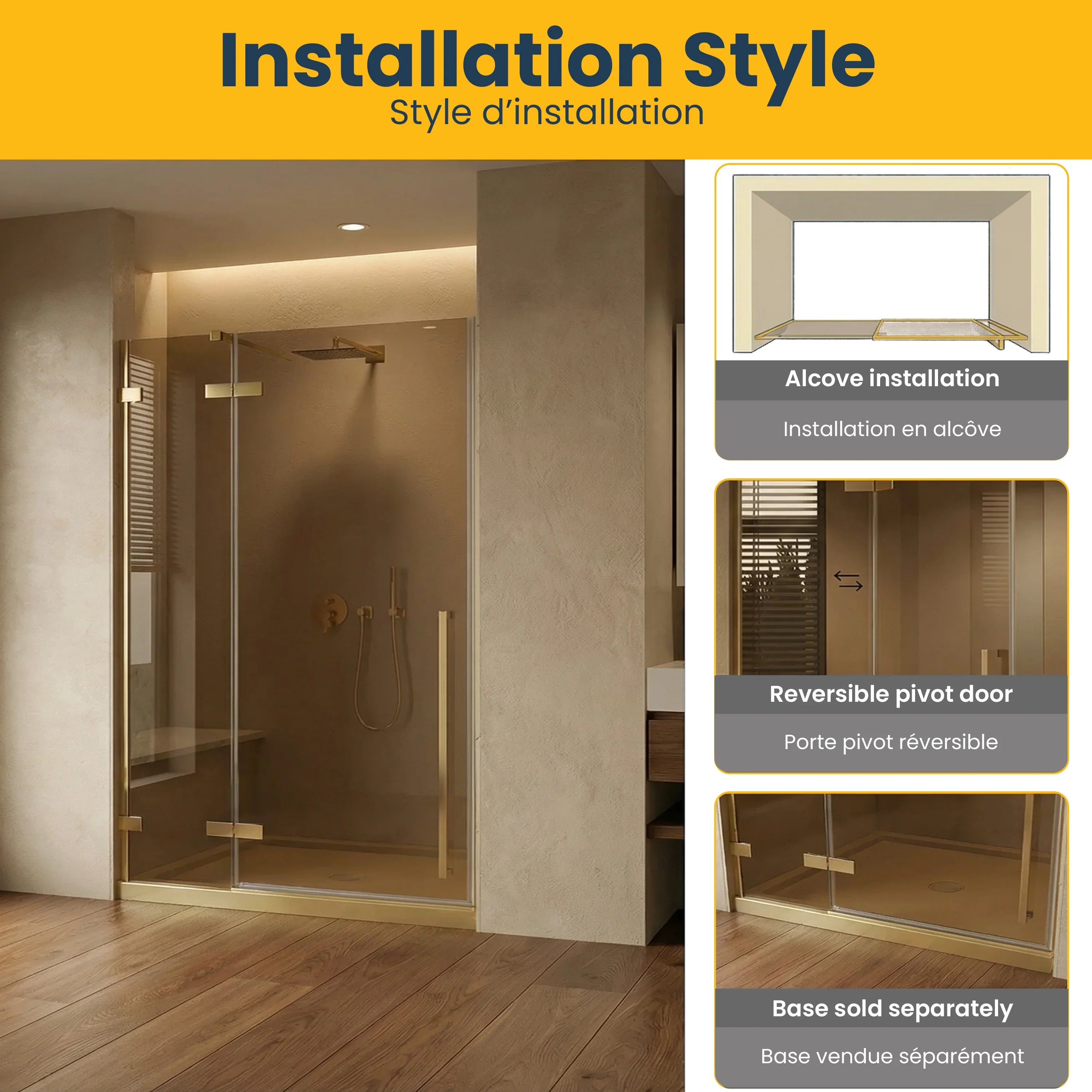 60" x 79" Brushed Gold Reversible Pivot Shower Door with Brown Tinted Glass