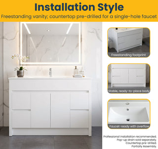 48" Matte White Freestanding Bathroom Vanity with White Ceramic Countertop