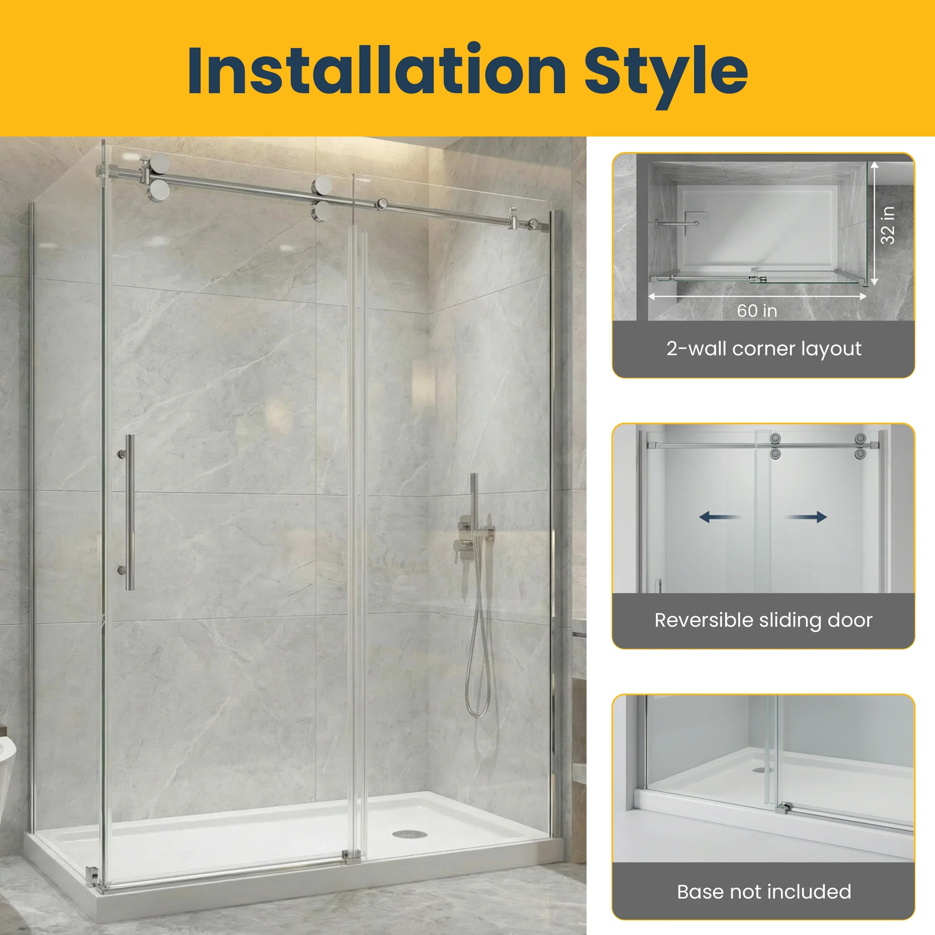 60" x 32" x 75" Chrome Round Hardware Sliding Shower Door Set - 2 Wall Corner Setup