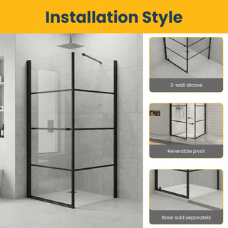 36" x 36" x 79" Framed Square Shower Enclosure with Reversible Pivot Door in Matte Black and Clear Glass Without Base