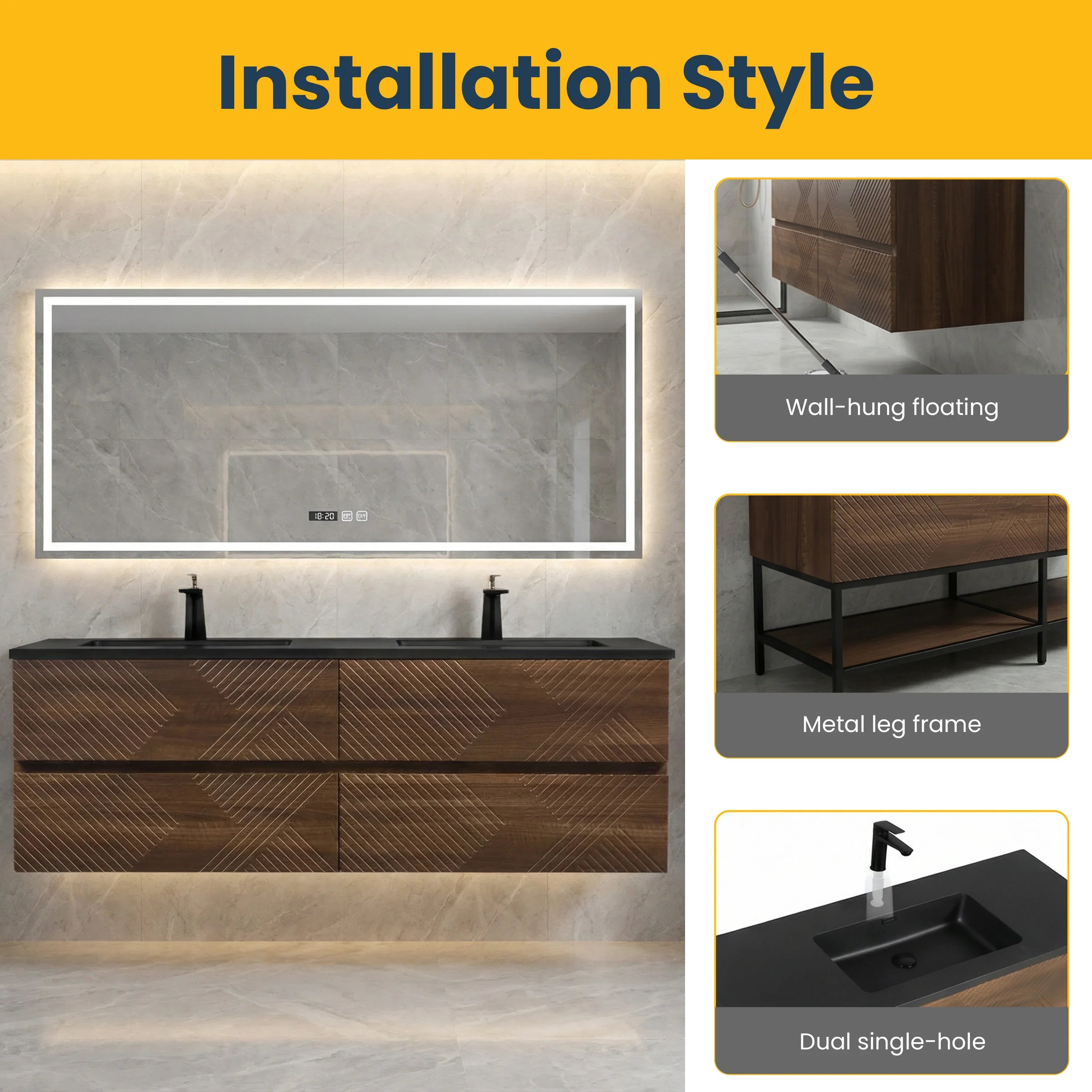 60" Walnut Wall Mount Double Sink Bathroom Vanity with Black Engineered Quartz Countertop