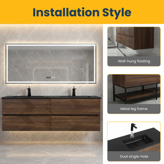 Meuble-Lavabo Mural 60po Noyer avec Comptoir de Quartz d'ingénierie Noir