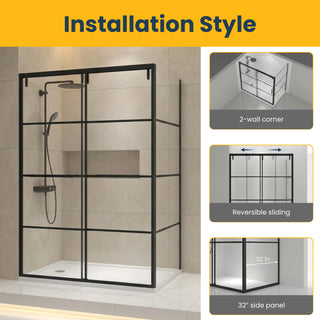 60" x 79" Framed Reversible Sliding Shower Door with 32" Side Panel in Matte Black and Clear Glass Without Base