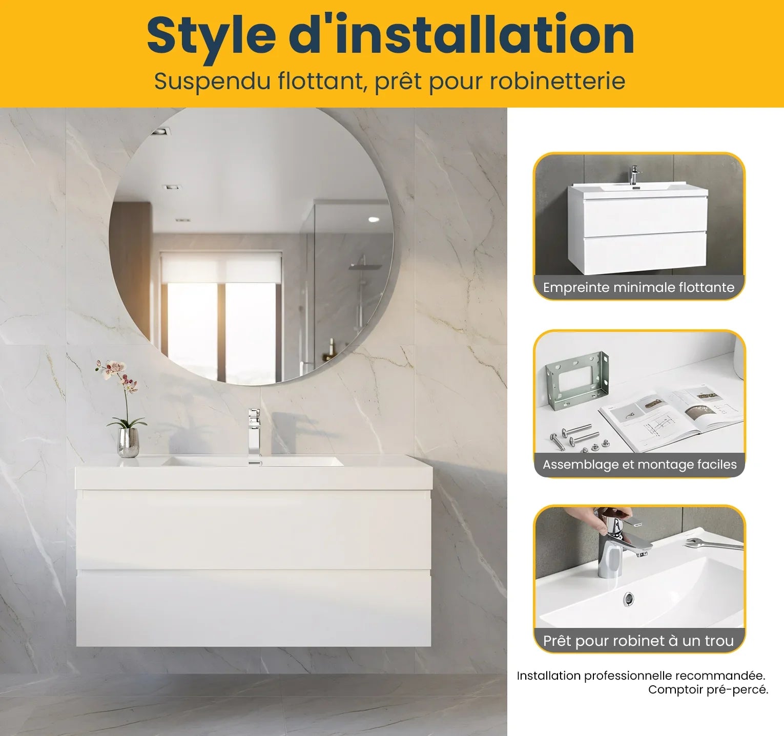 42" Glossy White Wall Mount Bathroom Vanity with White Polymarble Countertop