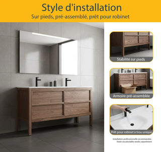 60" Natural Walnut Freestanding Double Sink Bathroom Vanity with White Solid Surface Countertop