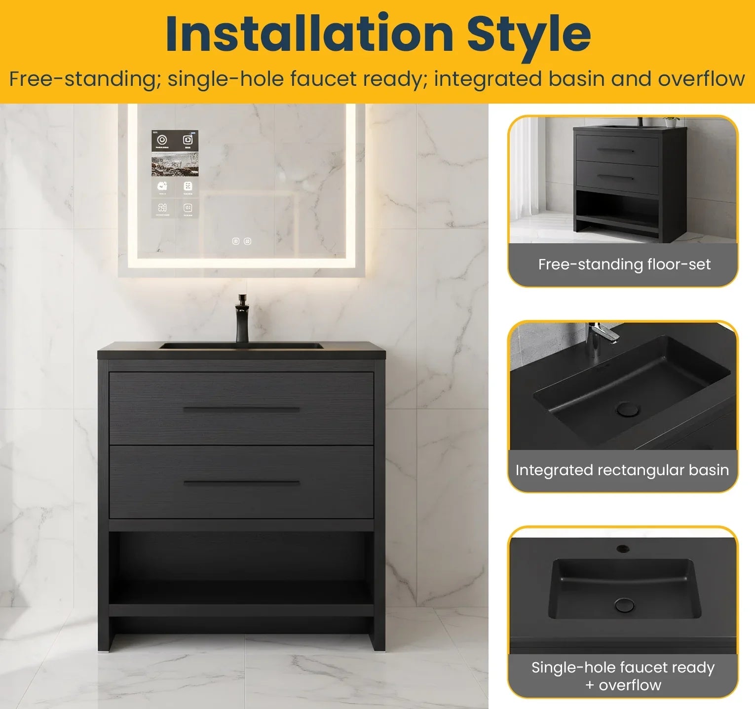 30" Black Oak Freestanding Single Sink Bathroom Vanity with Black Engineered Quartz Countertop