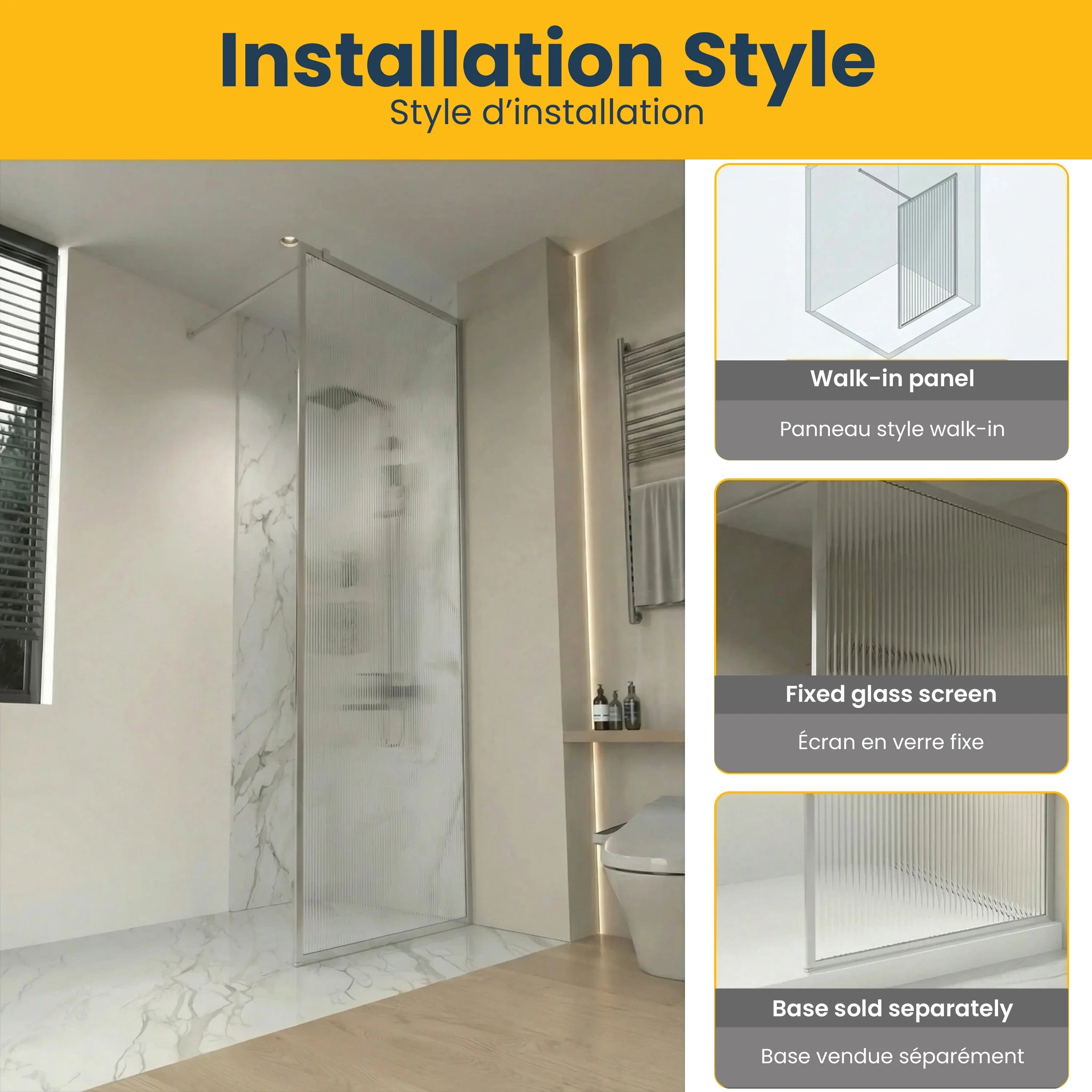 34" x 79" Chrome Reversible Walk-In Shower Panel with Fluted Ultra Clear Glass