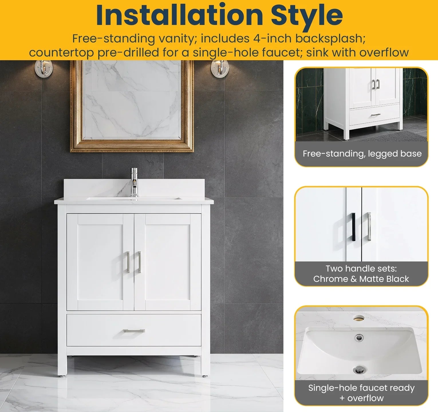 Meuble-Lavabo Autoportant 30po Blanc avec Comptoir de Polymarbre Ingénierie Calcutta