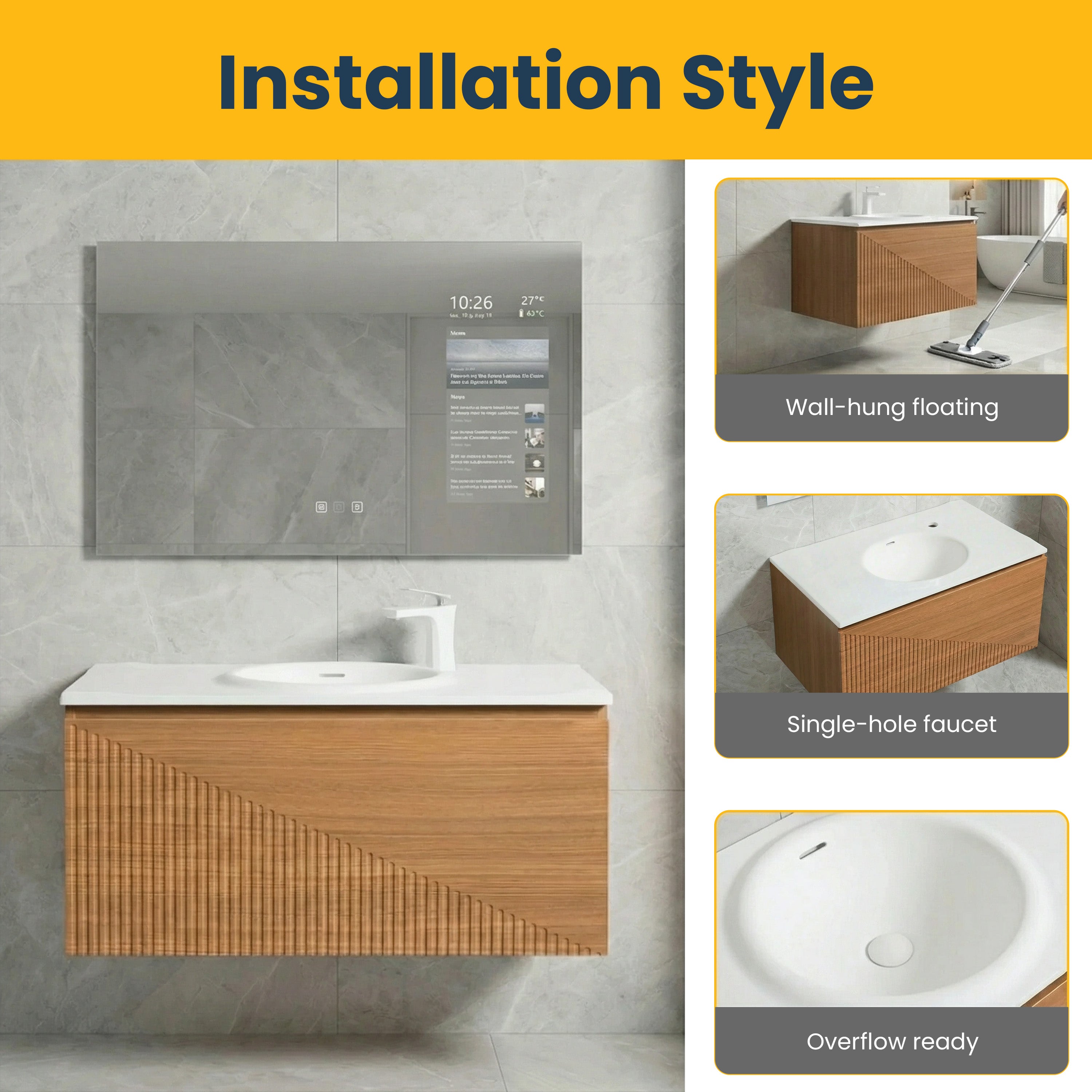 36" Light Oak Wall Mount Bathroom Vanity with White Solid Surface Countertop
