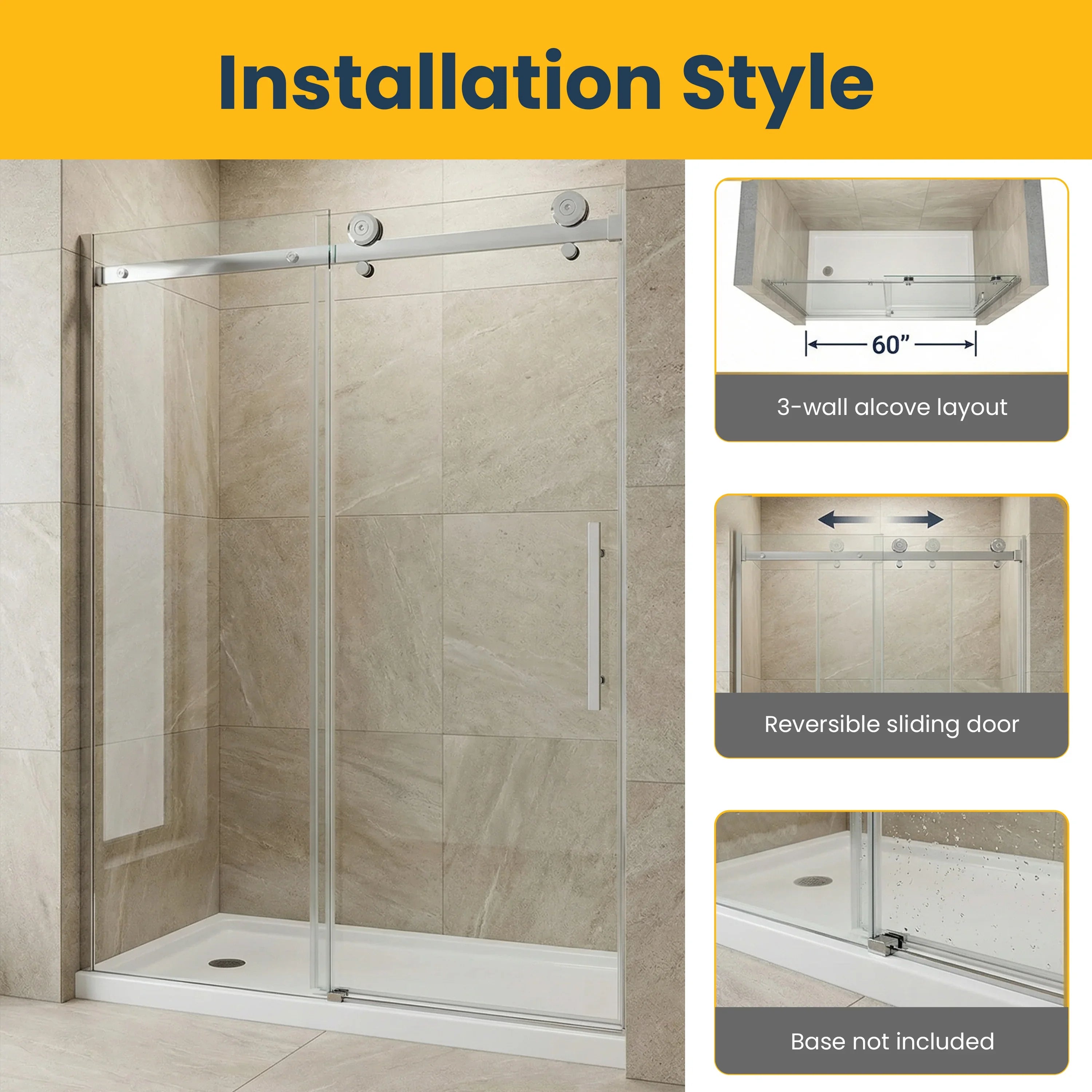60" x 75" Alcove Reversible Sliding Shower Door with Square Chrome Hardware – 10mm Tempered Glass