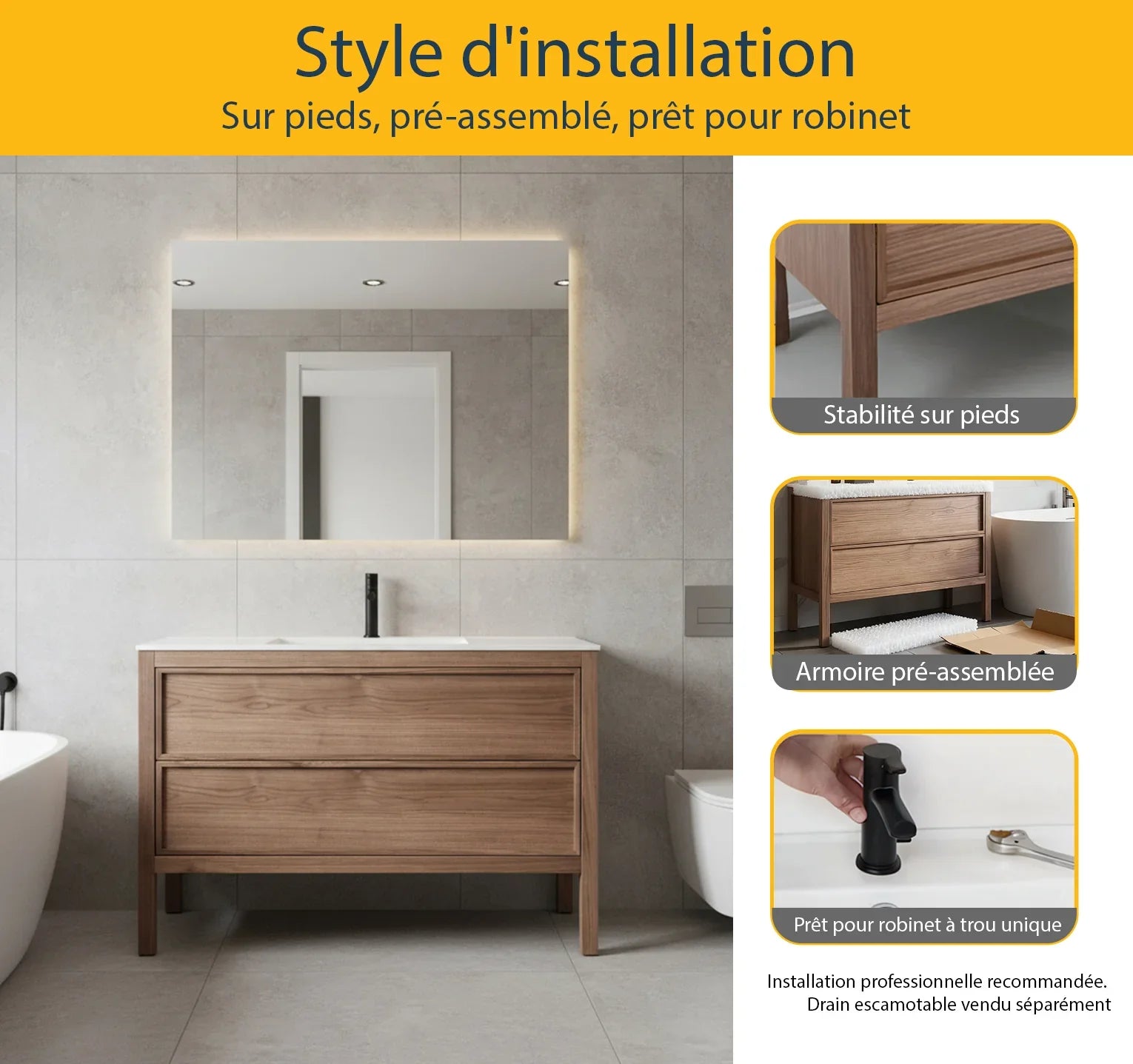 48" Natural Walnut Freestanding Single Sink Bathroom Vanity with White Solid Surface Countertop