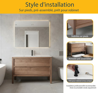 48" Natural Walnut Freestanding Single Sink Bathroom Vanity with White Solid Surface Countertop