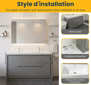 60" Cement Freestanding Double Sink Bathroom Vanity with White Polymarble Countertop