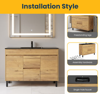 48" Frosted Oak Freestanding Single Sink Bathroom Vanity with Black Ceramic Countetop