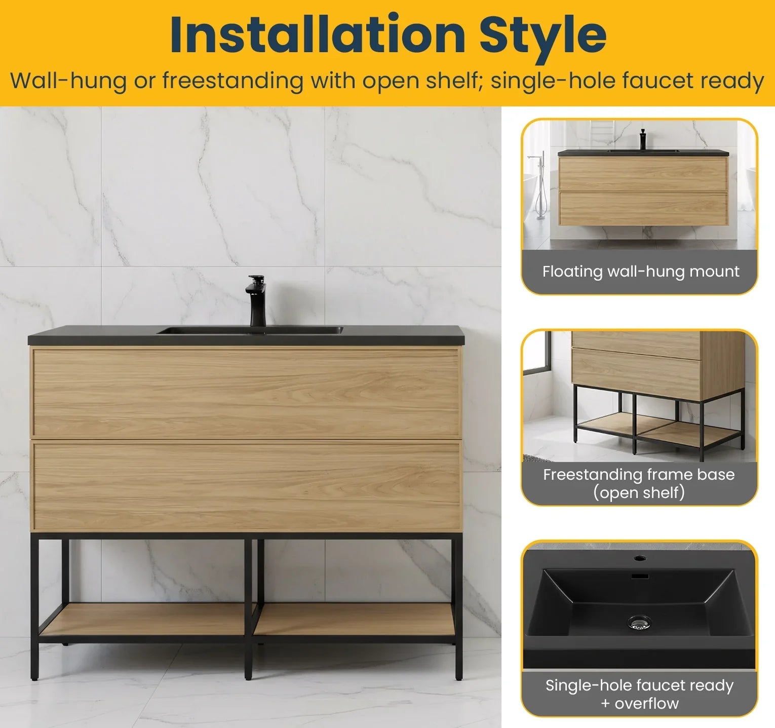 48" Sunset Walnut Wall Mount Bathroom Vanity with Black Engineered Quartz Countertop