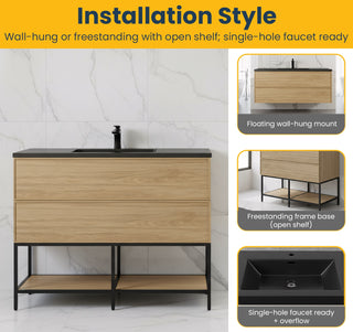 Meuble-Lavabo Mural 48po Noyer Couchant avec Comptoir de Quartz d'ingénierie Noir