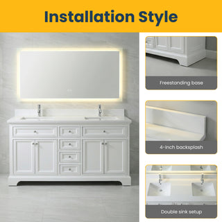 Meuble-lavabo autoportant blanc de 72 po avec comptoir en marbre blanc reconstitué