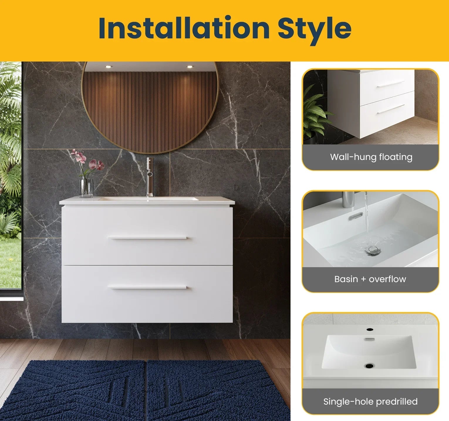 24" Matte White Wall Mount Bathroom Vanity with White Ceramic Countertop