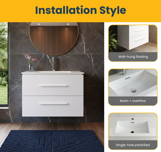 Meuble-Lavabo Mural 24po Blanc Mat avec Comptoir de Céramique Blanc