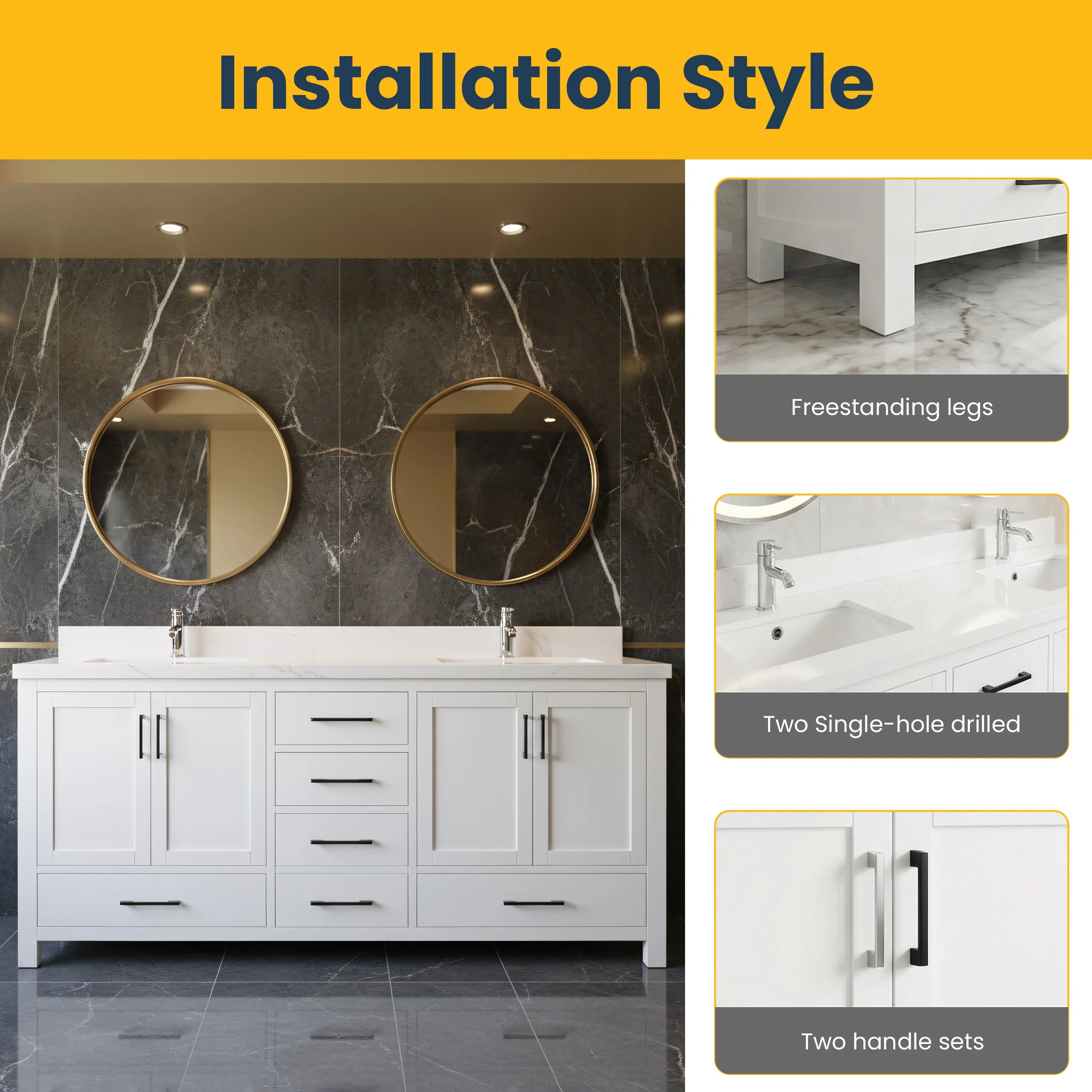 Meuble-lavabo double sur pied blanc de 72 po avec comptoir en marbre blanc reconstitué