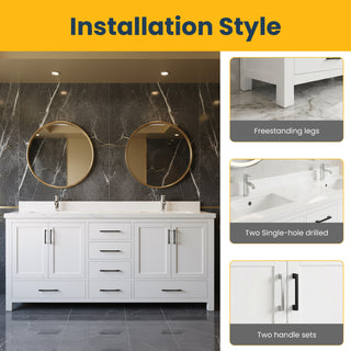 Meuble-lavabo double sur pied blanc de 72 po avec comptoir en marbre blanc reconstitué