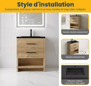 Meuble-lavabo Autoportant 24 po Chêne Brut avec Comptoir en Quartz Noir d’Ingénierie