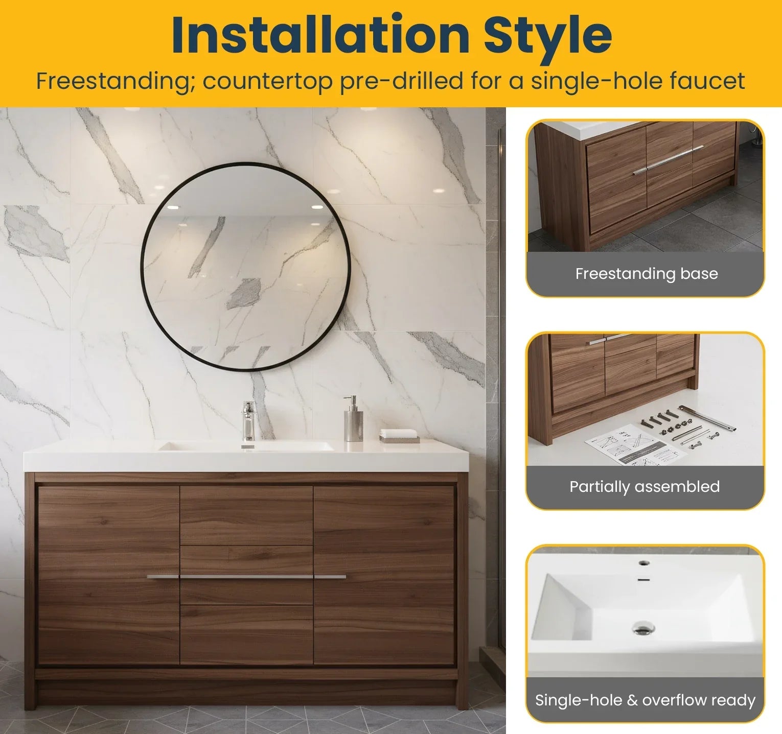 60" Walnut Freestanding Single Sink Bathroom Vanity with White Polymarble Countertop