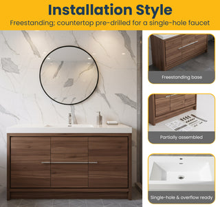 60" Walnut Freestanding Single Sink Bathroom Vanity with White Polymarble Countertop