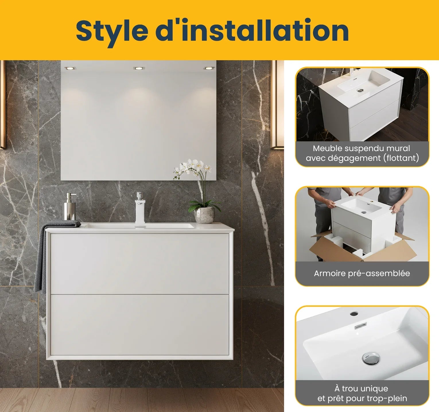 30" White Wall Mount Vanity with White Polymarble Countertop