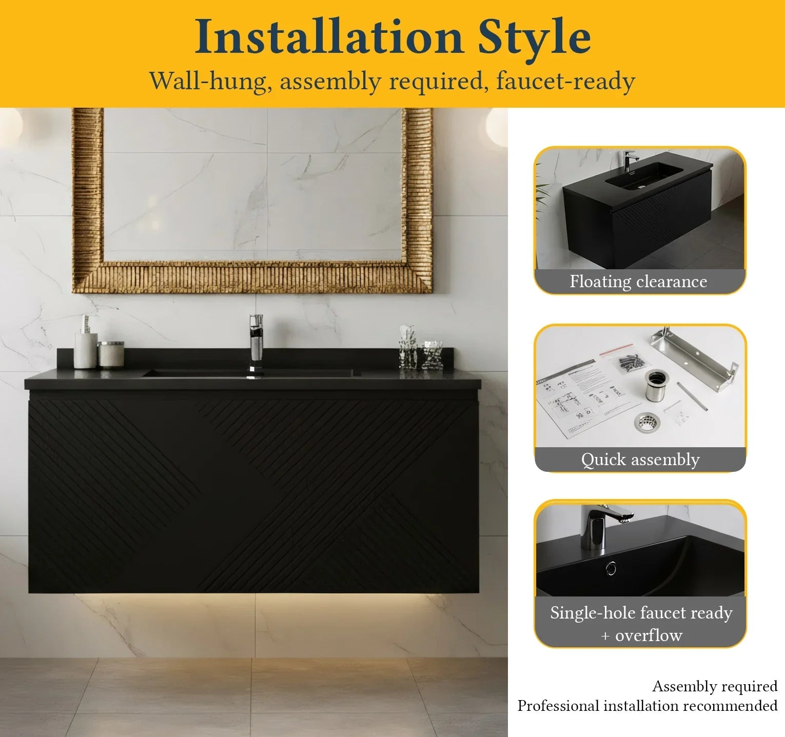 40" Black Wall Mount Bathroom Vanity with Black Engineered Quartz Countertop Roxboro