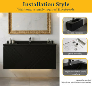 Meuble-lavabo mural noir 40" avec Comptoir en quartz noir conçu Roxboro