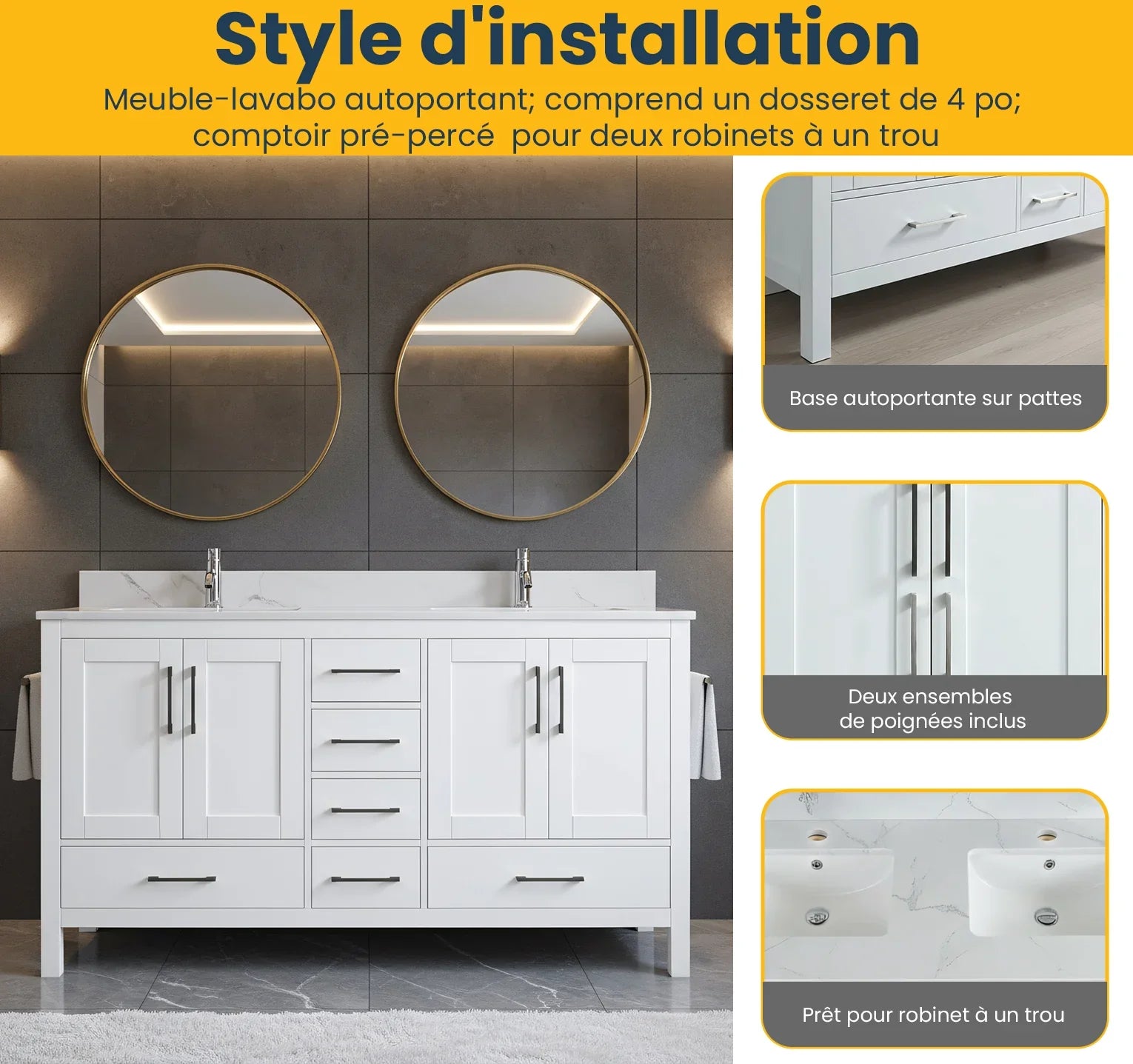 Meuble-Lavabo Autoportant 60po Blanc avec Comptoir de Marbre Ingénierie Calcutta