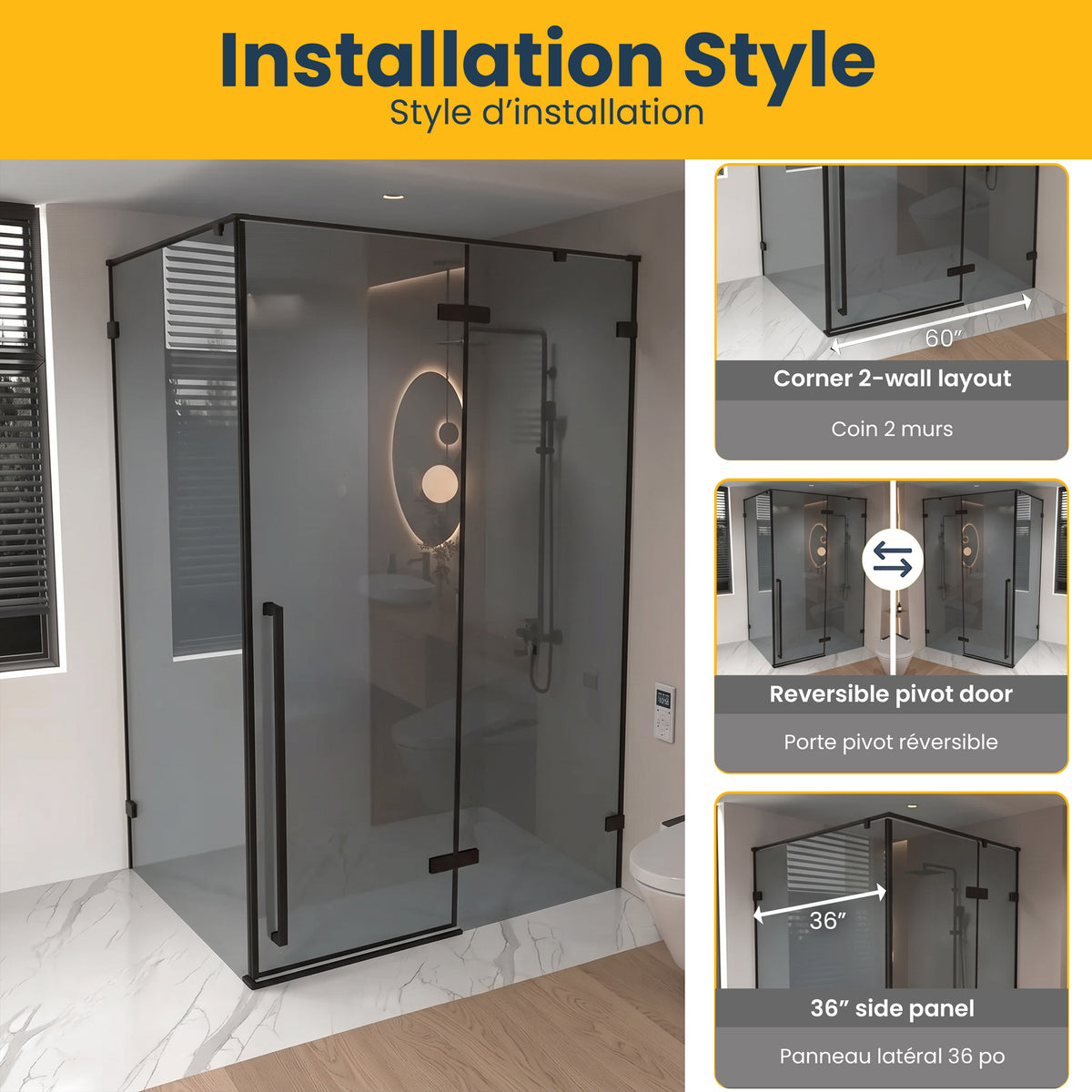57.6"–58" W (Adjustable Width) x 79" H Frameless Reversible Pivot Shower Door in Matte Black with 34.1"–34.5" Black Tinted Glass Side Panel