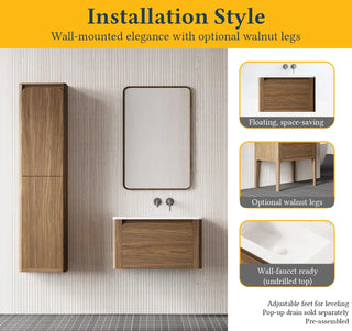 Meuble-Lavabo Mural 30po Noyer avec Comptoir en Surface Solide Mat Blanc