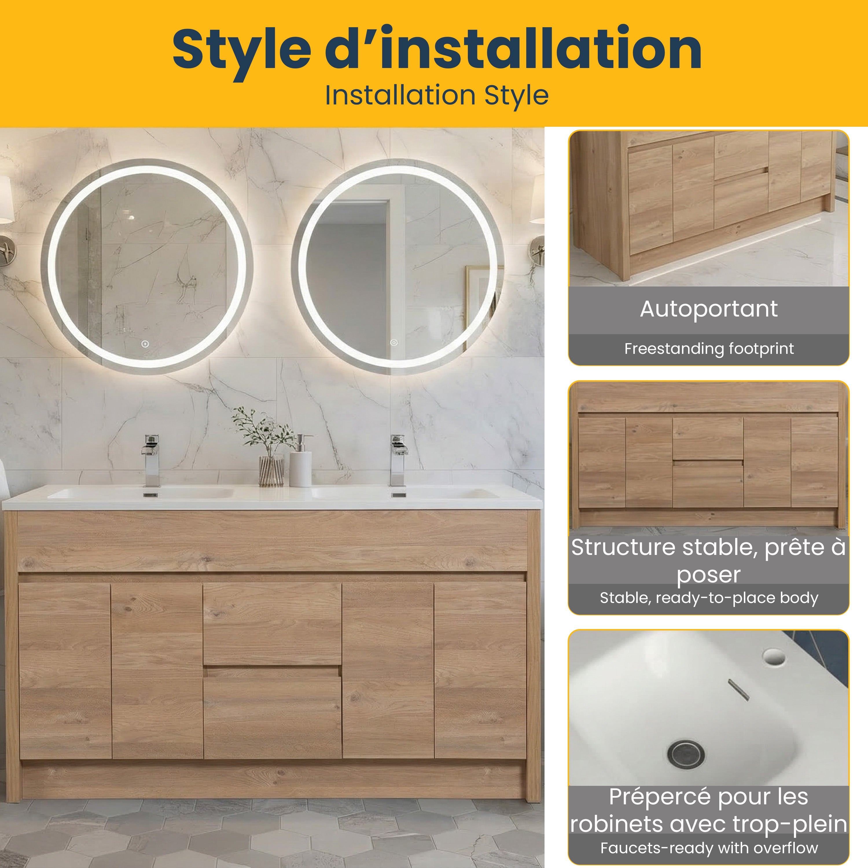 Meuble-Lavabo Autoportant 60po Chêne Brut avec Comptoir de Polymarbre Blanc 