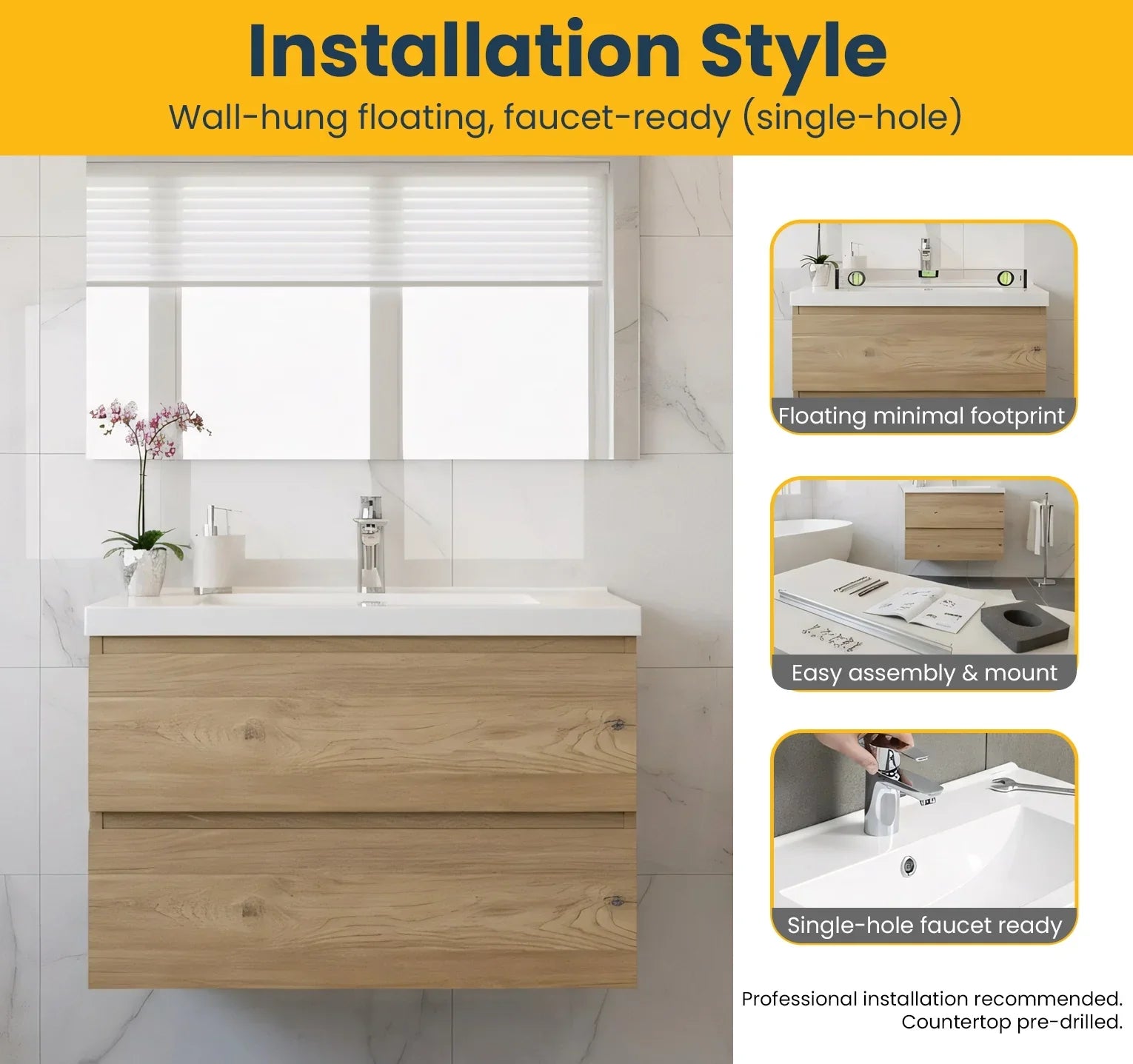 30" Rough Oak Wall Mount Bathroom Vanity with White Polymarble Countertop