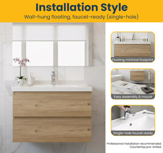 Meuble-lavabo mural de salle de bain en chêne brut 30" avec Comptoir en polymarbre blanc