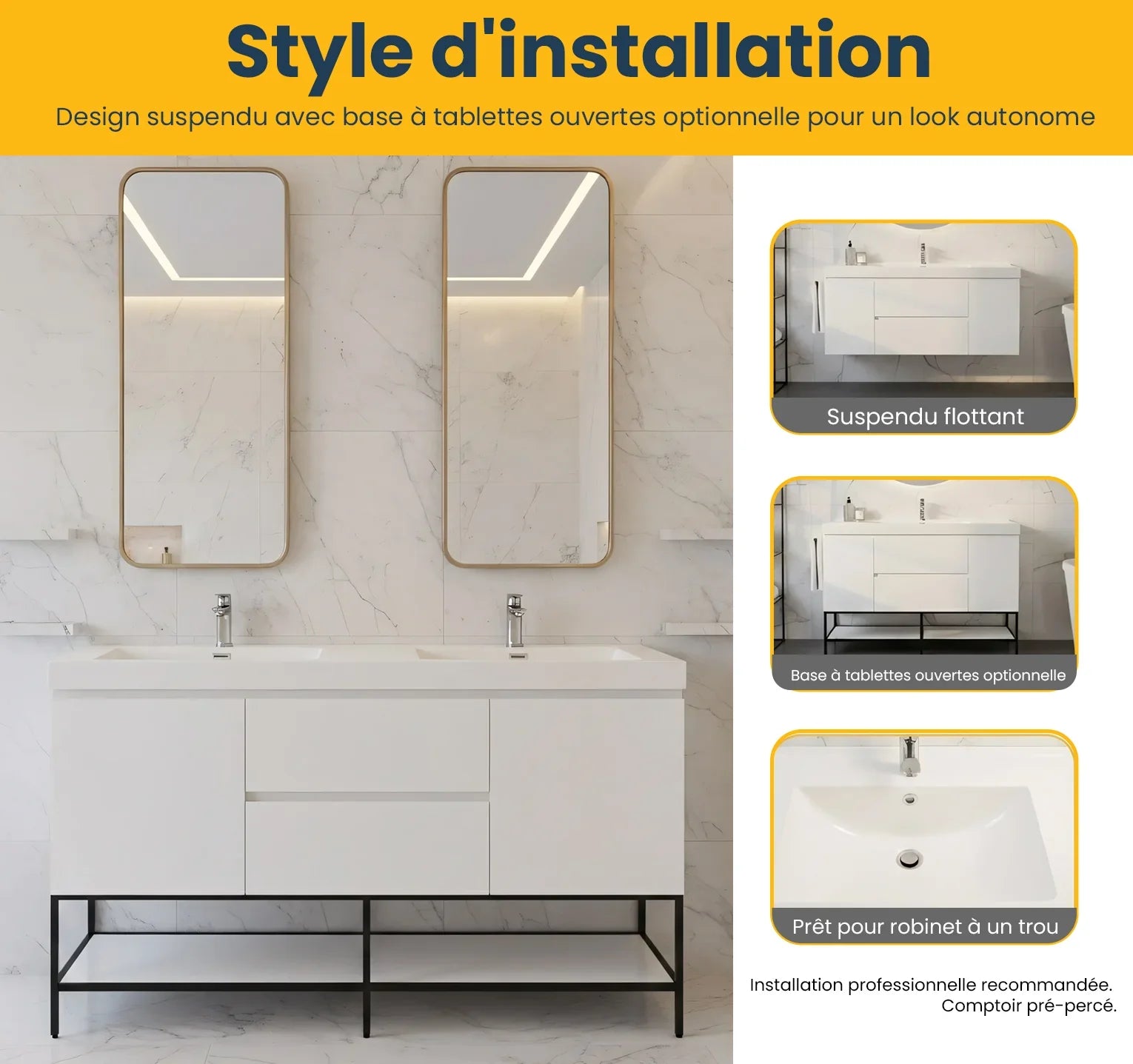 60" Glossy White Wall Mount Double Sink Bathroom Vanity with White Polymarble Countertop