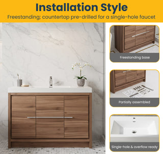 48" Walnut Freestanding Bathroom Vanity with White Polymarble Countertop