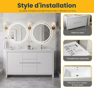 Meuble-Lavabo Autoportant 60po Blanc Brillant avec Comptoir de Polymarbre Blanc 