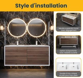 Meuble-Lavabo Mural 48po Noyer avec Comptoir de Polymarbre Blanc