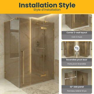60 po x 79 po Panneau de Porte de Douche Fixe Pivotante Or Brossé Réversible avec Verre Teinté Brun et 32 po x 79 po Panneau Latéral