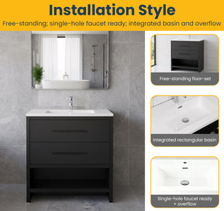 Meuble-Lavabo Autoportant 30po Chêne Noir avec Comptoir de Polymarbre Blanc